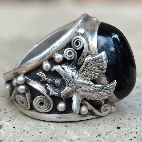 Vintage Other - Massive Vintage Men's Sterling Silver Black Onyx Eagle Native American Ring